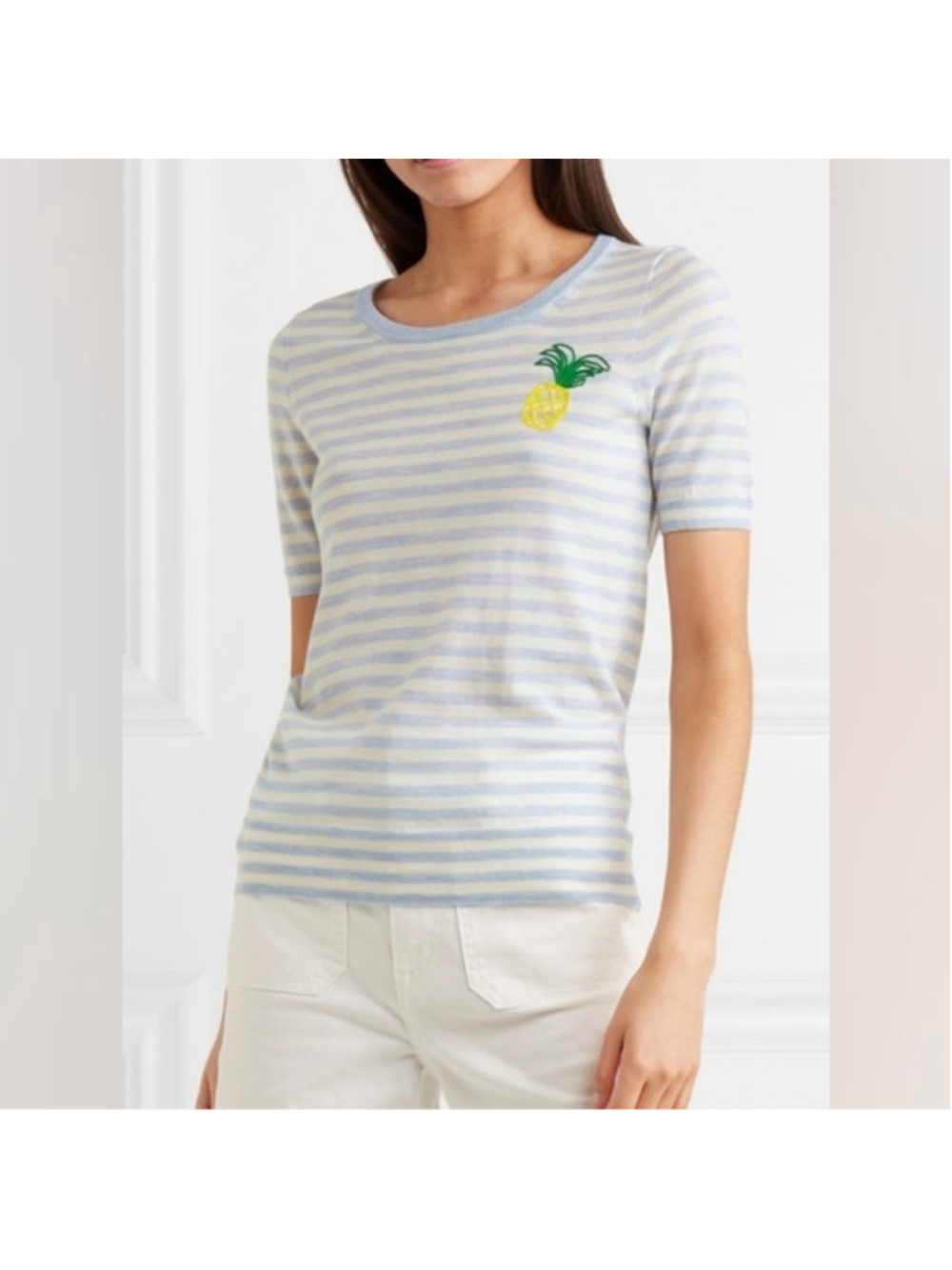 J. Crew Light Blue and White Striped Wool Tee with Pineapple Accent Size XS BNWT